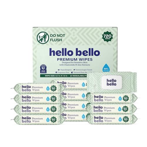 Hello Bello Premium Wipes, Designed for Sensitive Skin with Chamomile & Aloe Extracts, Simply Sage (12 Resealable Packets = 720 Total Wipes)