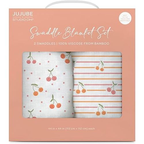 JuJuBe x Studio Oh! Baby Essentials Swaddle Blanket Set - Soft, Comfortable, Neutral Newborn Baby Swaddle Blankets for Baby Shower & Baby Registry - Nursery Essentials - Cherry Cute