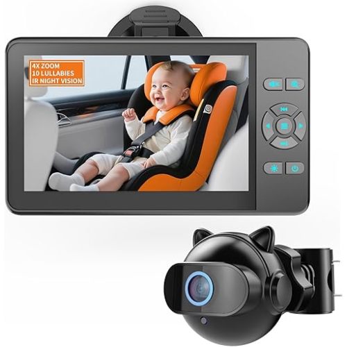 Baby Car Camera with 4X Zoom,10 Lullabies 4.3'' HD 1080P Rear Facing Carseat Mirror 3 Min Easy Install Auto IR Night Vision 360° Adjustable Clear Wide View Car Camera for Baby,Newborns,Pets