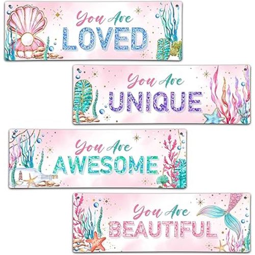 4 Pieces Mermaid Girls Bathroom Room Decor, 11.8" x 3.9" Under the Sea Wall Decor Wood Sign, Motivational Wall Art For Kids Room Nursery Playroom Classroom-A07