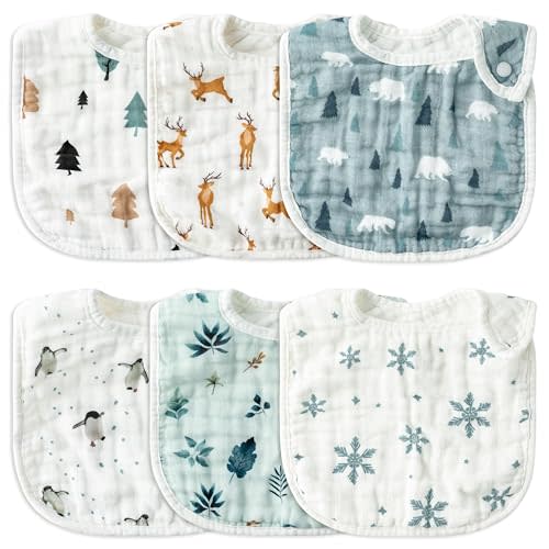 Zainpe 6Pcs Snap Muslin Cotton Baby Bibs Cute Themes Snowflake Penguin Pattern Infants Drooling Bib Adjustable Burp Cloth Soft Absorbent Feeding Cloths for Unisex Newborn Toddler Teething Eating