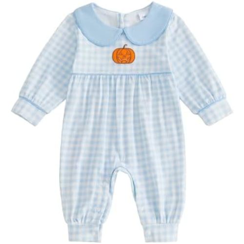 Bagilaanoe Infant Baby Boy Halloween Long Sleeve Romper Jumpsuit Plaid Collared Pumpkin Embroidered Clothes
