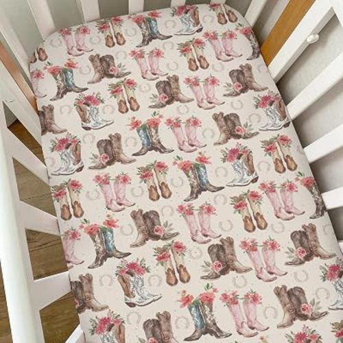 Western Cowboy Boots Floral Baby Crib Sheets for Boys Girls Cowgirl Boots Flowers Soft Snug Fitted Crib Mattress Covers for 52''x28'' Standard Crib & Toddler Mattresses Wild West Nursery Bed Sheets