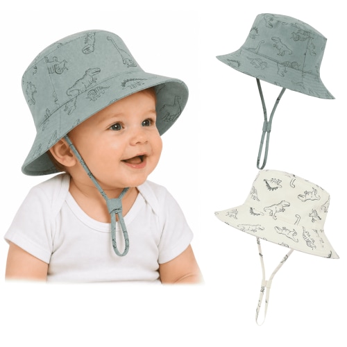Zando 2-Pack Baby Sun Hats UPF 50+ Wide Brim Toddler Bucket Hats Adjustable Dinosaur Print Sun Protection Hat for Baby Boys Girls Dinosaur Green Dinosaur White 2-4 T