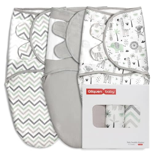 GLLQUEN BABY Organic Swaddle Sleep Sacks for Newborn - Baby Swaddles 0-3 Months, 3-Pack Newborn Swaddling Sack, Gray Stripe & Animal World, Baby Swaddle Blanket Wrap (Small/Medium)