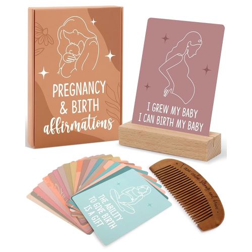 Levfla Pregnancy and Birth Affirmation Cards with Wooden Engraved Labor Comb Production Encouragement Positive Push New Mom Gifts for Women After Birth Boho Style Gender Reveal Neutral Present