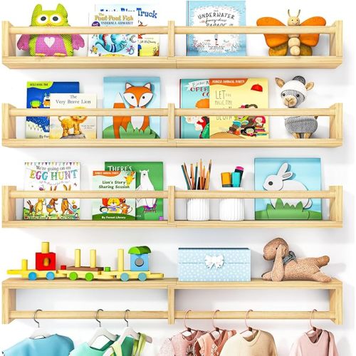 Fixwal Nursery Book Shelves, 32 Inch Floating Bookshelves for Wall Set of 4, Baby Nursery & Playroom Decor, Solid Wood Wall Mounted Shelves for Books and Toys Storage (Natural Wood)