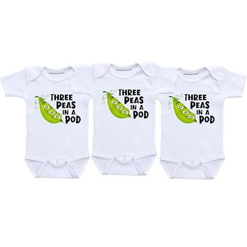 Triplet Baby Bodysuit Set – “Three Peas in a Pod” – Funny Matching Infant Outfits