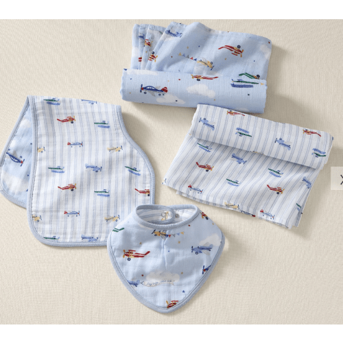 Airplanes Organic Muslin Bib, Burp & Swaddle Set