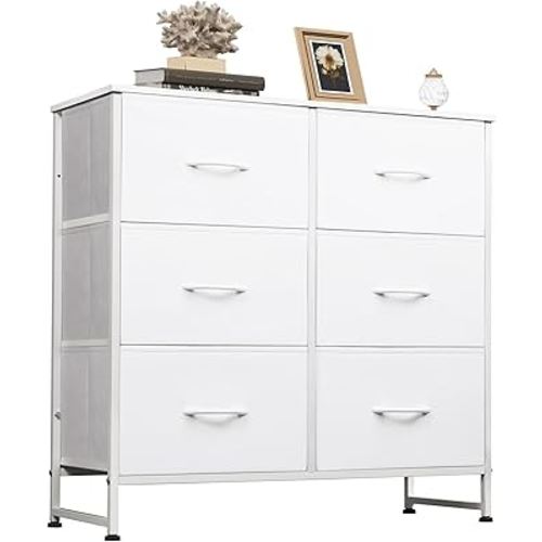 WLIVE White Dresser for Bedroom, 6 Drawer Double Dresser, Fabric Storage Tower with Fabric Bins, Chest of Drawers for Closet, Living Room, Hallway