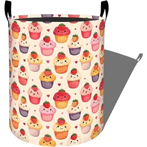 Sweet Cupcake with Strawberry Laundry Basket with Handles, 19.7"x15.7" Clothes Foldable Desserts and Heart Laundry Hamper Organizer for Dorm Nursery Bedroom Bathroom Decor, Toy Storage Bin for Kids