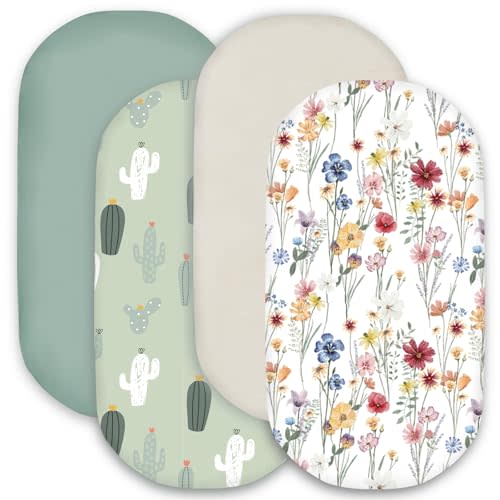 Bimocosy Bassinet Sheet, 4 Pack Bassinet Sheets for Baby Boys Girls, Soft Baby Bassinet Fitted Sheets Neutral for Bassinet Mattress, Size 32 x 16 x 4 Inches, Cactus/Floral/Wintergreen/Beige