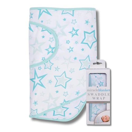 Miracle Blanket Swaddle Wrap – Help Your Newborn Sleep Longer – Soft & Secure Sleep Sack for Infants – Easy-to-Use Swaddling Blanket for a Calm Baby (Aqua Stars) | Help Your Newborn Sleep Longer, Easy-to-Use, Secure, Soft, for a Calm Baby, for Infants