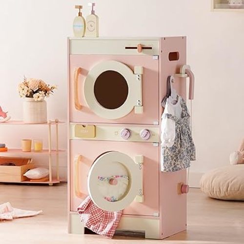 ROBOTIME Kids Washer and Dryer Playset – Wooden Laundry Pretend Play Set with Ironing, Color Beads Drum, Toy Washing Machine & Dryer Set for Toddlers Ages 3+, Gift for Boys and Girls