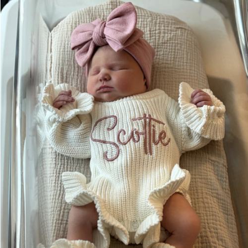 Keepsake Embroidered Knit Ruffle Romper, Personalized Newborn Name Chunky Sweater Romper Baby Girl, Embroidered Newborn Oversized Sweater