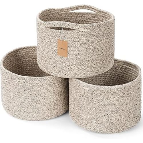 Small Rope Baskets for Storage, Baskets for Gifts Empty, Cute Round Woven Basket, Decorative Shelf Baskets 9.82×9.82×7.1", Cotton Toy Basket Storage Bins for Organizer 3 Packs