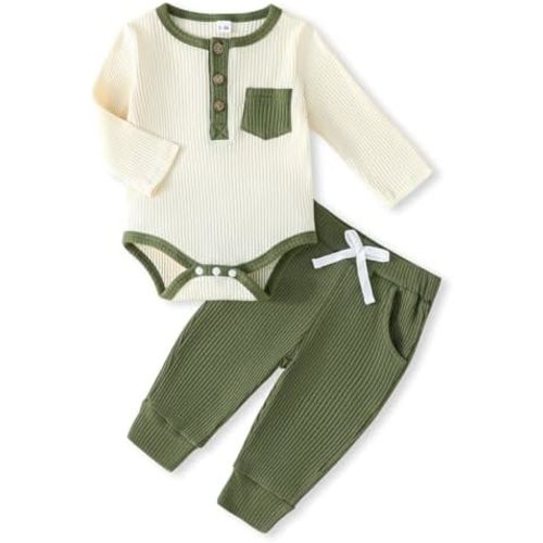 Newborn Baby Boy Clothes Toddler Ribbed Knit Cotton Long Sleeve Romper Long Pant Preemie Solid Color Outfits