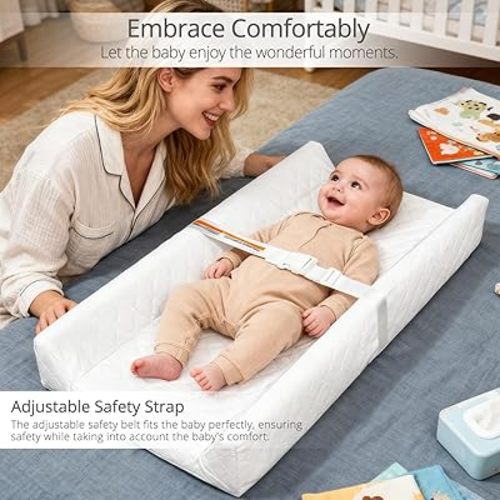 Waterproof Baby Changing Pad, Non-Slip Wipeable Diaper Changing Mat with Safety Strap 32x16 Inch Infant Diaper Change Pad Suitable for Dresser & Table
