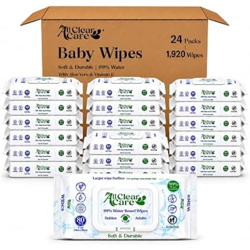 All Clear Care Baby Wipes, Bulk Unscented 24PK (1920 Wipes), 99% Water for Sensitive Skin, Large Soft Durable, Gentle & Hypoallergenic for Babies & Adults, Vitamin E and Aloe, Flip Top Lid