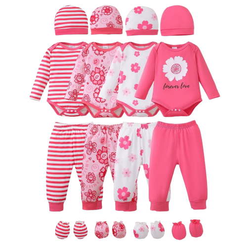 KIMI BEAR Newborn Baby Girls Layette Set 4 Packs 0-3 Months Winter Clothes Outfits Long Sleeves Romper Top Pants Gloves Hats 16 Piece Essentials Accessories Clothing Gift Sets Pink