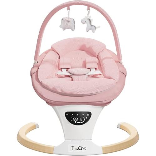 TimChic Baby Swings for Infants, Portable Infant Swing with 5-Speeds, 3-Adjustable Height, 3 Timer & 12 Lullabies, Mutil-Function Electric Swing for Baby, Indoor & Outdoor Use (Pink)