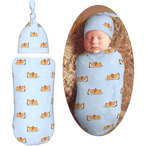 Cartoon Sleep Corgi Cute Blue Newborn Swaddle Blankets Hat Sets Soft Baby Receiving Blanket Swaddle Sack for Baby Shower Infant Boy Girl Gift