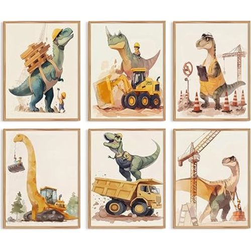 Dinosaur Nursery Wall Art Boys Room Canvas Wall Decor Construction Toddler Poster Kids Dino Prints Dinosaur Truck Pictures Children Artwork for Living Room Bedroom 12x16 Inch Unframed Set of 6