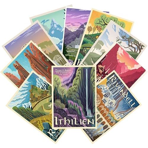 LIAUMO 12pcs Travel Middle Earth Landscape Posters, Nordic Painting Wall Art Collage Kit, Home Bar Office Decal,Birthday Holiday Gifts Unframed paper 11.2x16.5inch