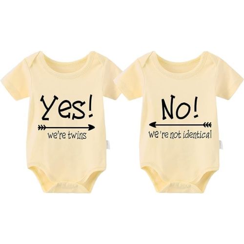YSCULBUTOL 2 Pack Baby Twins Bodysuits Yes We're Twins No We're Not Identical Infant Romper Twin Unisex Outfits 0-12M
