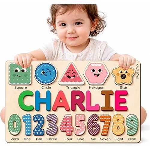 KALOTOYS Personalized Name Puzzle for Toddlers 1-3 with Shapes & Numbers, Custom Wooden Baby Girl Puzzle, 1st Birthday, Handmade Montessori Learning Toy, CPC Certified (Shape and Number)