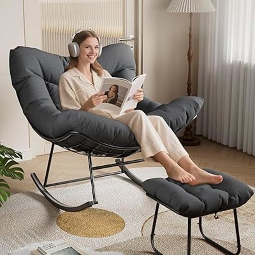 GarveeLife Oversized Papasan Rocking Chair with Footrest, Outdoor Lounge Chair with Ottoman and Sturdy Metal Frame, Patio Rattan Egg Rocker for Balcony Backyard Porch Bedroom, Grey