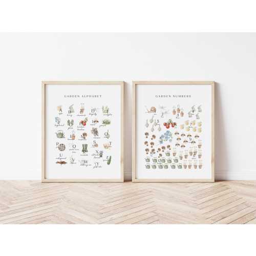 Alphabet and Numbers Garden Nursery Wall Art Educational Vintage Botanical Baby Room Cottagecore Educational Farmhouse Nursery Art GRD27-A2