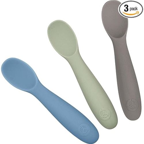 WeeSprout Baby Spoons for Self Feeding 6 Months +, Soft & Durable Silicone Utensils for Sensitive Gums & Teeth, Easy Grip Handles & Shorter Length for Little Hands, 3 Pack + Carrying Case