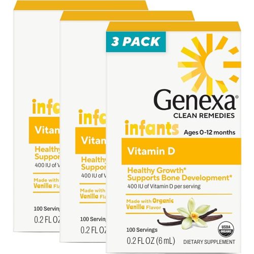 Genexa Infants Vitamin D Liquid Drops for Newborn, Baby & Toddler | Supports Growth & Bone Development | Delicious Organic Vanilla Flavor | Certified Organic, Gluten Free, & Non-GMO | 90 Servings