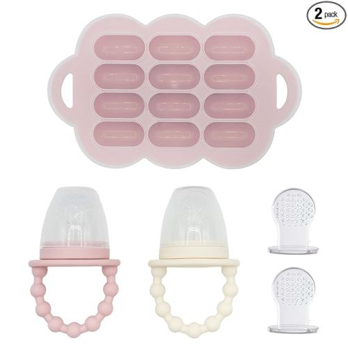 WeeSprout Baby Food Feeder Set - 2 Silicone Feeders & Reusable Freezer Tray with Lid - BPA-Free Fresh Fruit & Veggie Pacifier for Babies & Toddlers - Double as Teething Toys - Dishwasher Safe