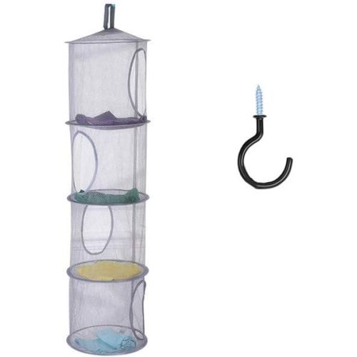 4 Tier Storage Organizer,43 1/2 x12 Inch Hanging Mesh Storage Basket with 2 Inch Screw-in Hooks,Folding Basket for Toys or Store Gloves,Shawls, Hats and Mittens, Attaches Easily to Any Rod (Grey)