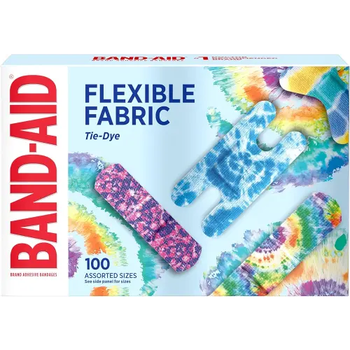 BAND-AID Brand Flexible Fabric Adhesive Tie-Dye Bandages, Fun Bandages Wound Care & Protection of Minor Cuts & Burns, Quilt-Aid Technology to Cushion Painful Wounds, Assorted Sizes, 100 ct