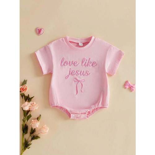Newborn Baby Girl Casual Outfit Bow Love Like Jesus Embroidery Short Sleeve Romper Bodysuit One Piece Summer Clothes | SHEIN USA
