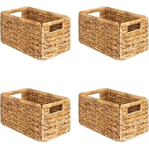 SpaceAid 4 Pack Wicker Basket, Storage Baskets for Organizing, Woven Rattan Basket with Handles for Shelves, Water Hyacinth Large Cube Organizer Storage Bin, 13x8.2x7 inch, Natural