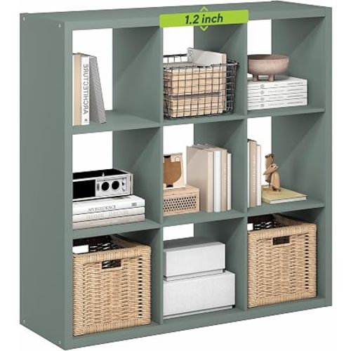 Furinno Cubicle 9-Cube Book Shelf, Extra Thick Frame Bookshelf, Sage Green