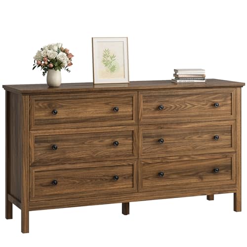 CARPETNAL 55" Walnut Dresser for Bedroom, 6 Drawer Dresser with Wide Drawer and Metal Handles, Wood Dressers & Chests of Drawers for Hallway, Entryway.