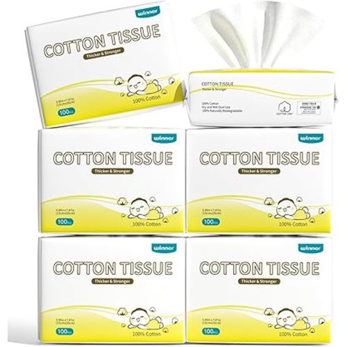 Winner 100% Cotton Dry Wipes, USDA Certified Baby Wipes, 600 Count, Soft & Gentle, Hypoallergenic & Unscented for Baby Sensitive Skin, Use Wet/Dry for Diaper Changes, Meals & Cleanup, Pack of 6