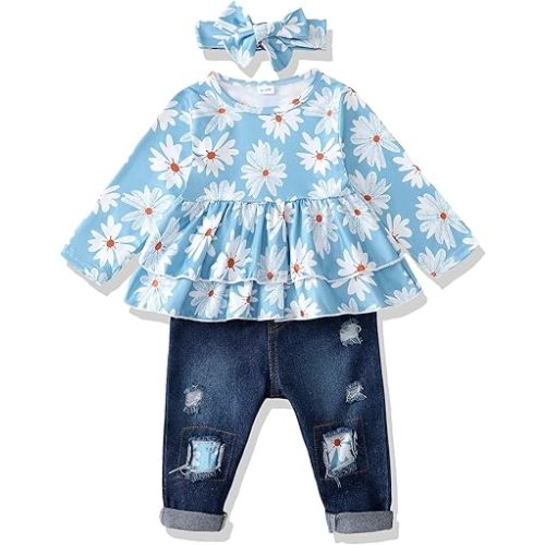 Baby Girl Clothes Toddler Girls Winter Outfits Infant Clothing Ruffle Top Denim Pants Jeans Cute Fall Outfit Set