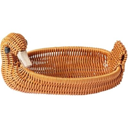Animal-Shaped Rattan Meal Basket, Pastoral Bohemian Style Wicker Basket, can Store Bread, Fruits and Snacks(Duck Brown,Medium Size)