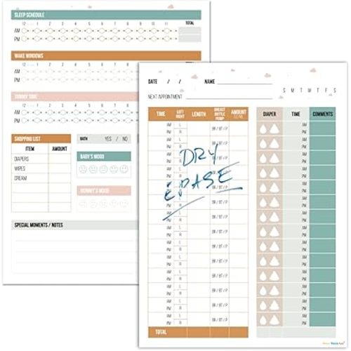 Baby Feeding Schedule Chart and Infant Diaper Tracker - 2 Dry Erase Posters for Nursing and for Daycare, Nanny or Babysitter Log. 12x17 inch Reusable Baby Tracker Posters. Made in USA.