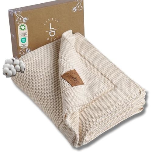 100% Organic Cotton Baby Knitted Blanket with Gift Box - Soft Toddler, Crib, Stroller Blanket - Neutral Swaddle and Receiving Blanket for Newborns, 30"x40", Beige