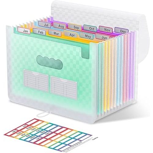 ThinkTex Accordion File Organizer, 12 - Pocket Expanding File Folders for Paper Receipts, Bills&Taxes Organizer, Letter/A4 Size Document Holder for School, Office, Home with Colorful tabs - Green