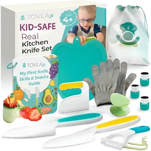 Tovla Jr. Ultimate Montessori Kids Cooking Gift Set – Real Knife, Chopper, Safety Gloves, Peeler, Cutters, Cutting Board & Recipe Cards – Ages 4–10