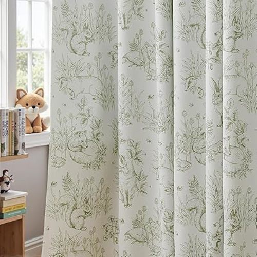 JINCHAN 95% Blackout Nursery Curtains 63 Inches Long, Bunny Woodland Toile Easter Decor Curtains Sage Green on Beige Animal Printed Drapes Bedroom Spring Decoration Farmhouse Window Treatment 2 Panels