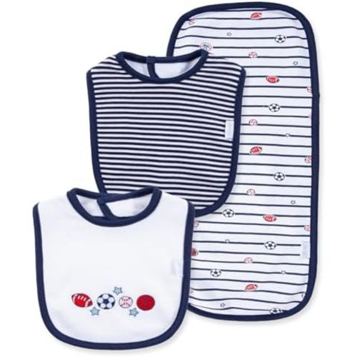 Little Me Clothes for Baby Boys’ and Girls’ 2 Bibs and 1 Burp Cloth Set, Soft Cotton Feeding Essentials with Velcro Closures